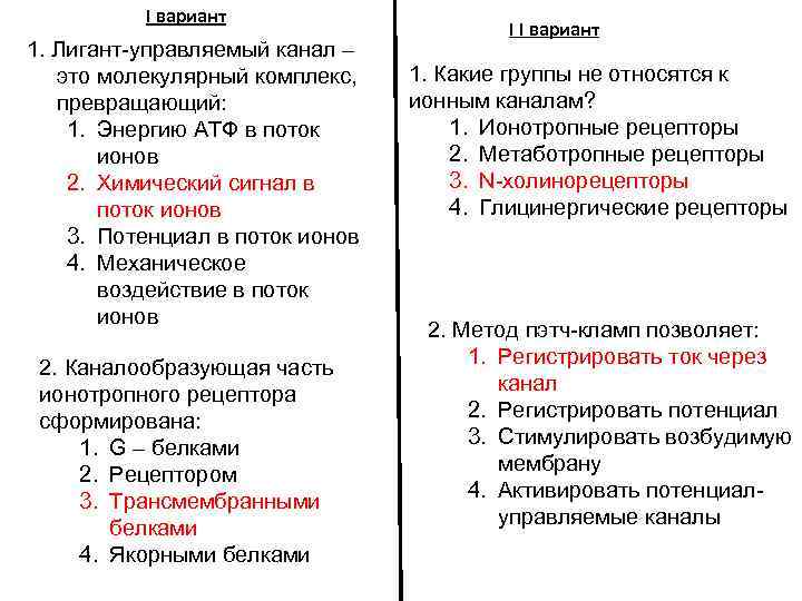 I вариант 1. Лигант-управляемый канал – это молекулярный комплекс, превращающий: 1. Энергию АТФ в