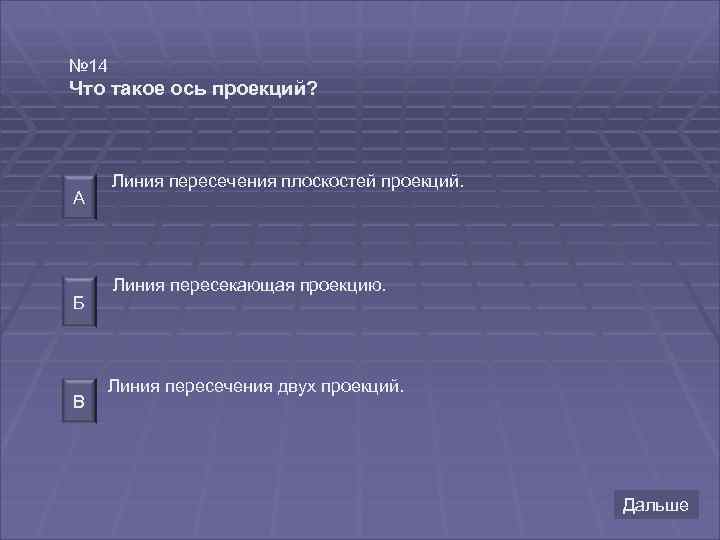 № 14 Что такое ось проекций? А Б В Линия пересечения плоскостей проекций. Линия