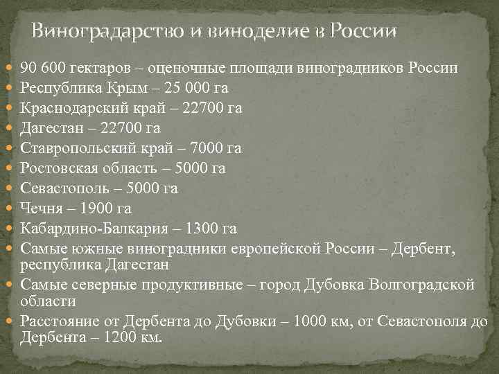 Виноградарство и виноделие в России 90 600 гектаров – оценочные площади виноградников России Республика