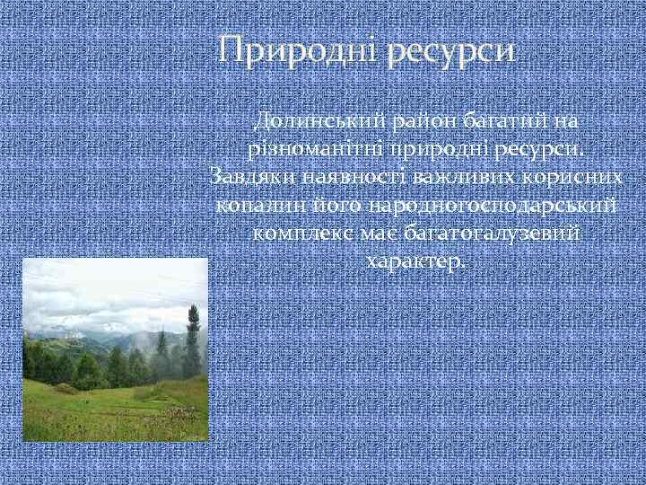 Природні ресурси Долинський район багатий на різноманітні природні ресурси. Завдяки наявності важливих корисних копалин