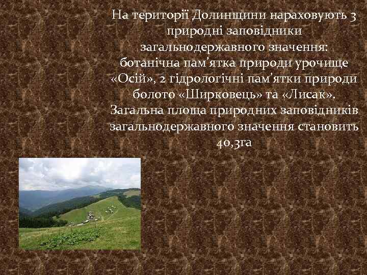 На території Долинщини нараховують 3 природні заповідники загальнодержавного значення: ботанічна пам’ятка природи урочище «Осій»
