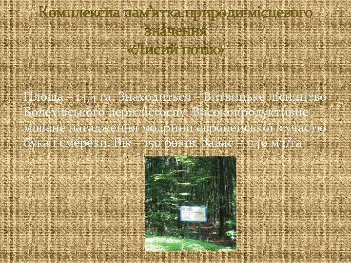 Комплексна пам’ятка природи місцевого значення «Лисий потік» Площа – 14, 4 га. Знаходиться –