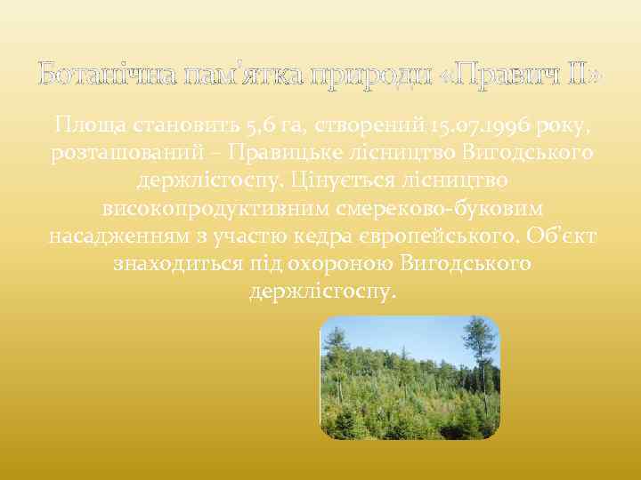 Ботанічна пам'ятка природи «Правич II» Площа становить 5, 6 га, створений 15. 07. 1996