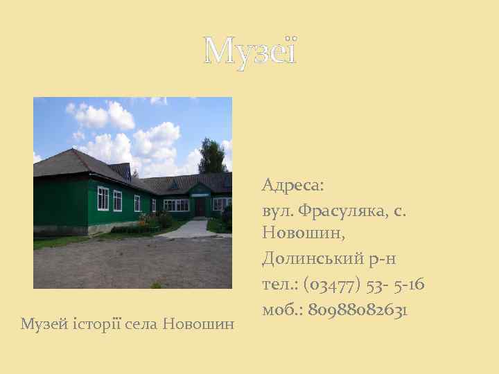 Музеї Музей історії села Новошин Адреса: вул. Фрасуляка, с. Новошин, Долинський р-н тел. :