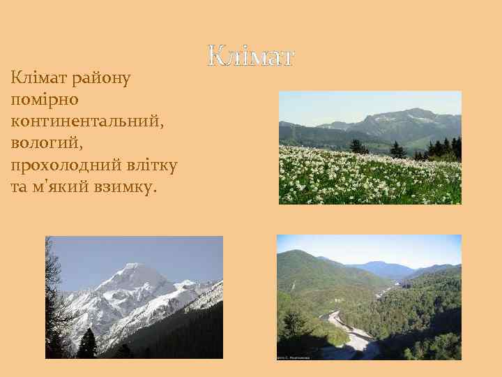Клімат району помірно континентальний, вологий, прохолодний влітку та м'який взимку. Клімат 