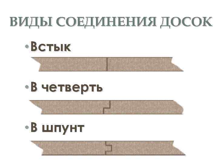 ВИДЫ СОЕДИНЕНИЯ ДОСОК • Встык • В четверть • В шпунт 