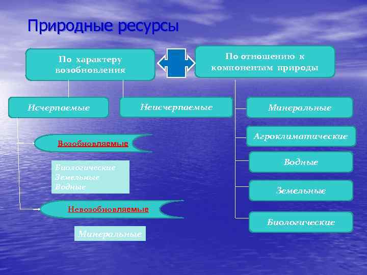 Природные ресурсы По отношению к компонентам природы По характеру возобновления Исчерпаемые Неисчерпаемые Возобновляемые Биологические