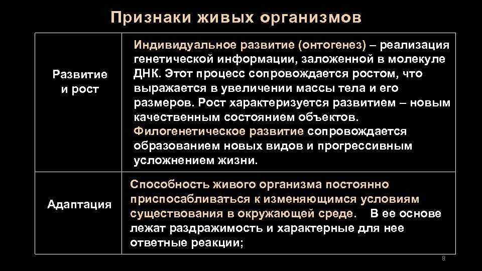 Признаки живых организмов Развитие и рост Адаптация Индивидуальное развитие (онтогенез) – реализация генетической информации,