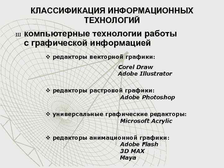 КЛАССИФИКАЦИЯ ИНФОРМАЦИОННЫХ ТЕХНОЛОГИЙ Ш компьютерные технологии работы с графической информацией v редакторы векторной графики: