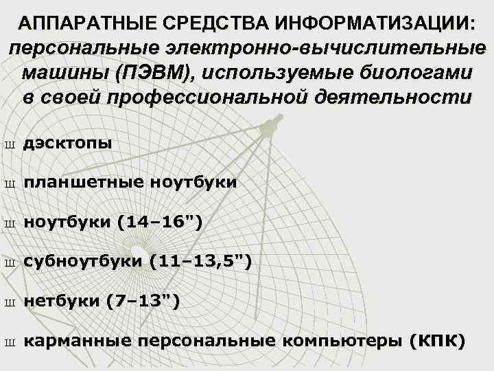 АППАРАТНЫЕ СРЕДСТВА ИНФОРМАТИЗАЦИИ: персональные электронно-вычислительные машины (ПЭВМ), используемые биологами в своей профессиональной деятельности Ш
