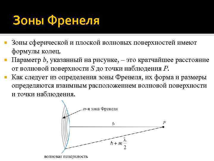Зоны Френеля Зоны сферической и плоской волновых поверхностей имеют формулы колец. Параметр b, указанный
