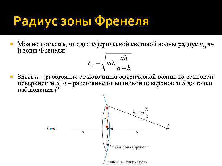 Радиус зоны Френеля Можно показать, что для сферической световой волны радиус rm mй зоны