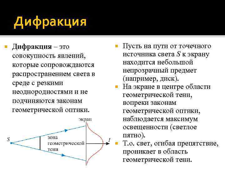 Дифракция – это совокупность явлений, которые сопровождаются распространением света в среде с резкими неоднородностями