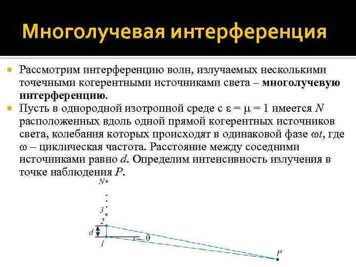 Многолучевая интерференция Рассмотрим интерференцию волн, излучаемых несколькими точечными когерентными источниками света – многолучевую интерференцию.