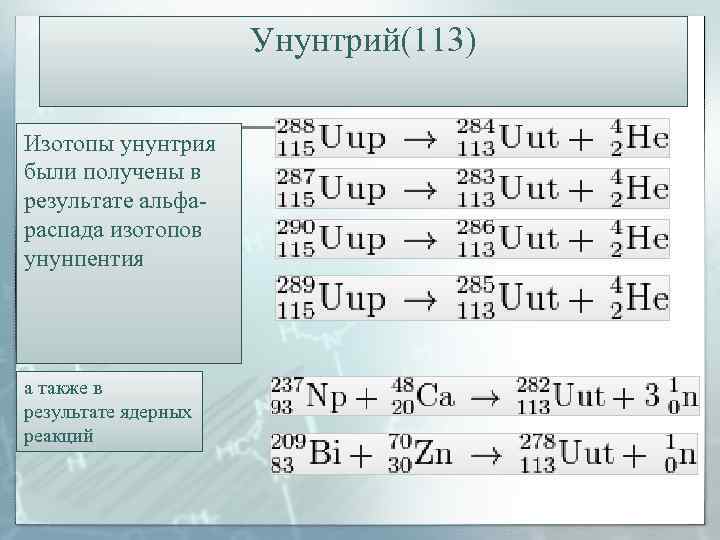 Унунтрий(113) Изотопы унунтрия были получены в результате альфараспада изотопов унунпентия а также в результате