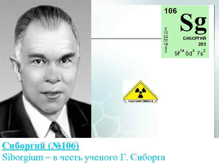 Сиборгий (№ 106) Siborgium – в честь ученого Г. Сиборга 
