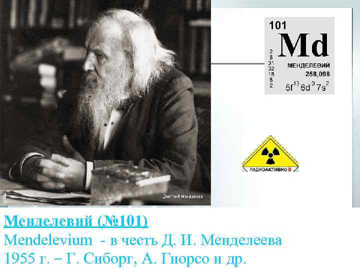 Менделевий (№ 101) Mendelevium - в честь Д. И. Менделеева 1955 г. – Г.