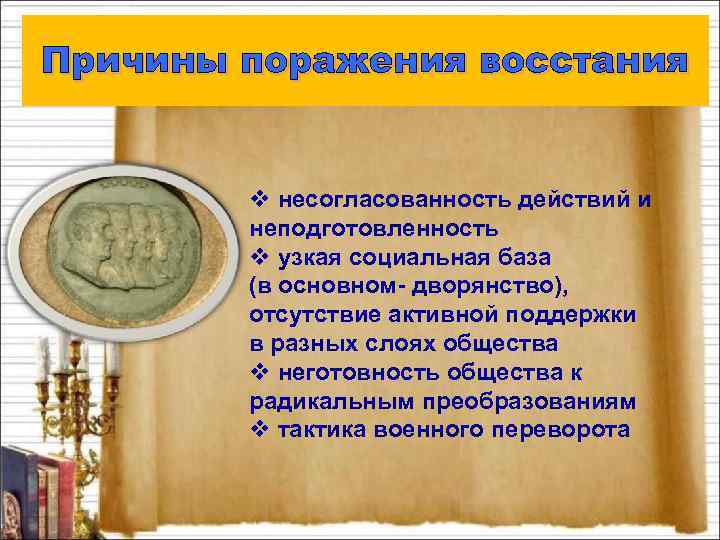 Причины поражения восстания v несогласованность действий и неподготовленность v узкая социальная база (в основном-