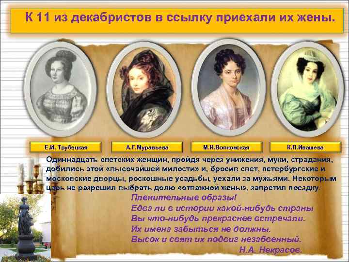 К 11 из декабристов в ссылку приехали их жены. Е. И. Трубецкая А. Г.