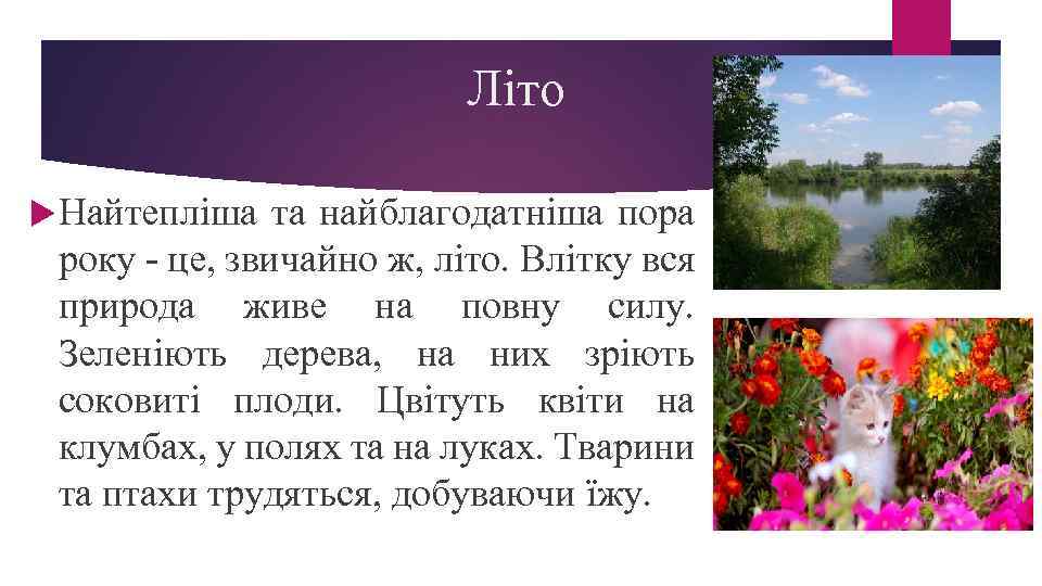 Літо Найтепліша та найблагодатніша пора року - це, звичайно ж, літо. Влітку вся природа