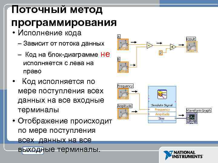 Поточный метод программирования • Исполнение кода – Зависит от потока данных – Код на