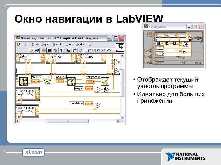Окно навигации в Lab. VIEW • Отображает текущий участок программы • Идеально для больших