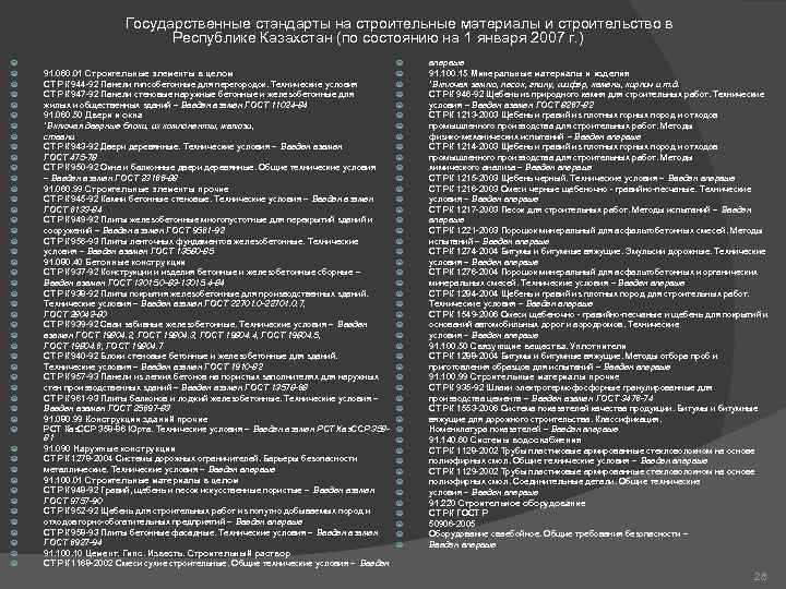 Государственные стандарты на строительные материалы и строительство в Республике Казахстан (по состоянию на 1