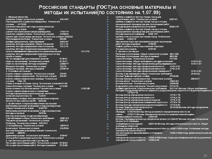 РОССИЙСКИЕ СТАНДАРТЫ (ГОСТ)НА ОСНОВНЫЕ МАТЕРИАЛЫ И МЕТОДЫ ИХ ИСПЫТАНИЙ(ПО СОСТОЯНИЮ НА 1. 07. 99)