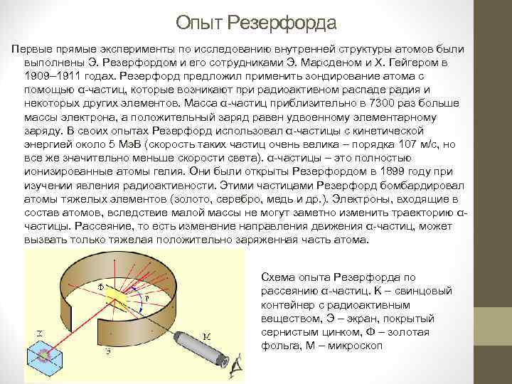 Опыт Резерфорда Первые прямые эксперименты по исследованию внутренней структуры атомов были выполнены Э. Резерфордом