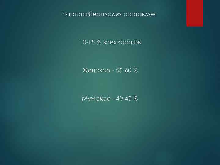 Частота бесплодия составляет 10 -15 % всех браков Женское - 55 -60 % Мужское
