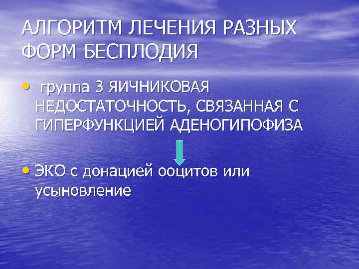 АЛГОРИТМ ЛЕЧЕНИЯ РАЗНЫХ ФОРМ БЕСПЛОДИЯ • группа 3 ЯИЧНИКОВАЯ НЕДОСТАТОЧНОСТЬ, СВЯЗАННАЯ С ГИПЕРФУНКЦИЕЙ АДЕНОГИПОФИЗА