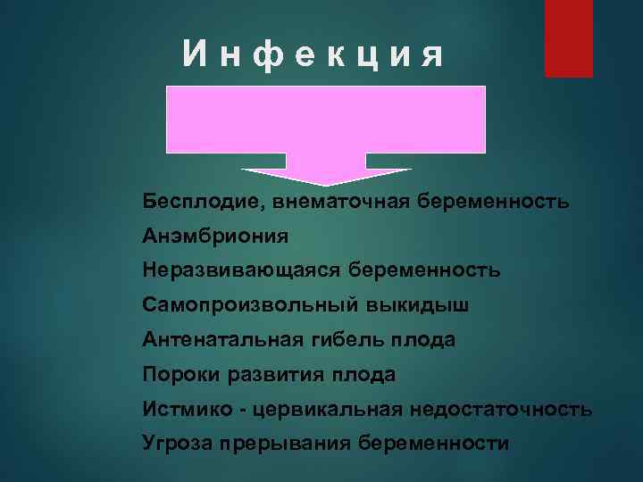 Инфекция Бесплодие, внематочная беременность Анэмбриония Неразвивающаяся беременность Самопроизвольный выкидыш Антенатальная гибель плода Пороки развития
