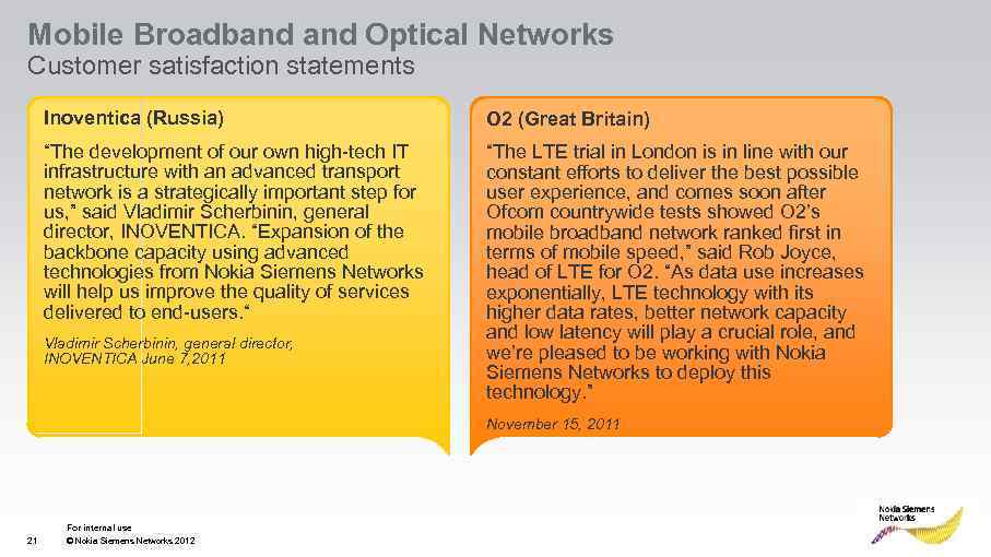 Mobile Broadband Optical Networks Customer satisfaction statements Inoventica (Russia) O 2 (Great Britain) “The