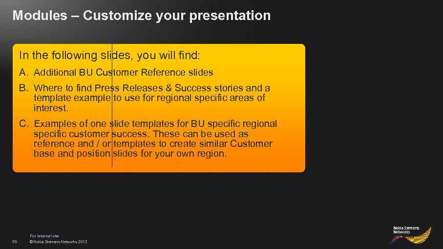 Modules – Customize your presentation In the following slides, you will find: A. Additional