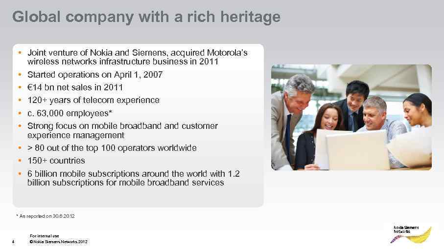 Global company with a rich heritage • Joint venture of Nokia and Siemens, acquired