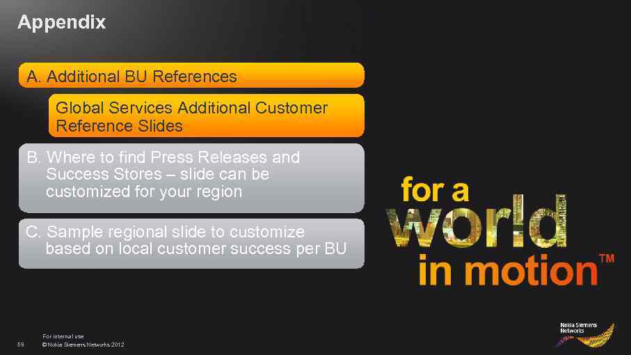 Appendix A. Additional BU References Global Services Additional Customer Reference Slides B. Where to