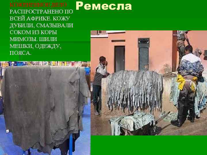 КОЖЕВЕННОЕ ДЕЛО РАСПРОСТРАНЕНО ПО ВСЕЙ АФРИКЕ. КОЖУ ДУБИЛИ, СМАЗЫВАЛИ СОКОМ ИЗ КОРЫ МИМОЗЫ. ШИЛИ