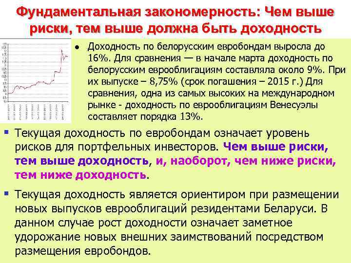 Фундаментальная закономерность: Чем выше риски, тем выше должна быть доходность l Доходность по белорусским