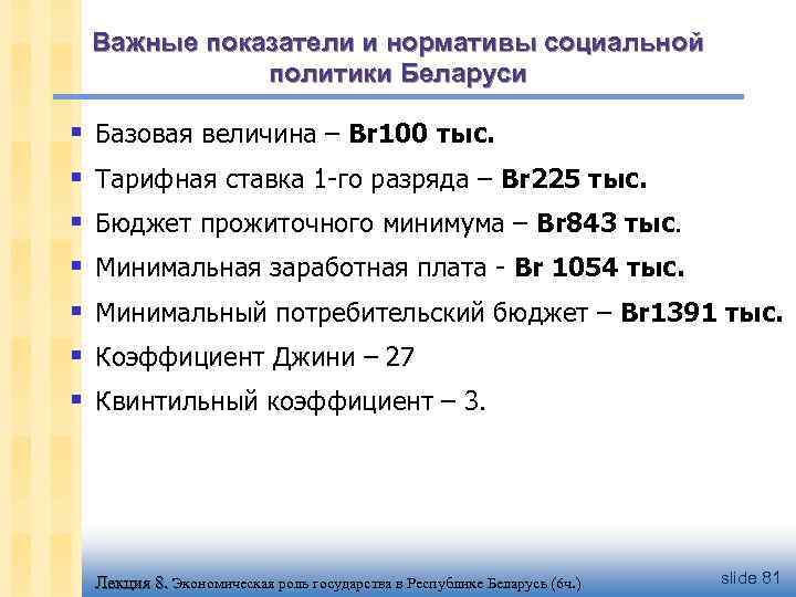 Важные показатели и нормативы социальной политики Беларуси § § § § Базовая величина –