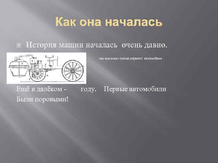 Как она началась История машин началась очень давно. Ээьп так выглядит схема первого автомобиля.