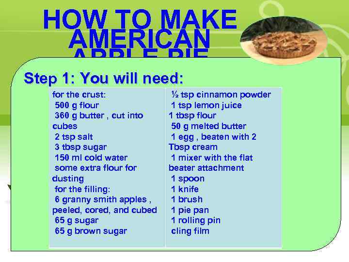 HOW TO MAKE AMERICAN APPLE PIE Step 1: You will need: for the crust: