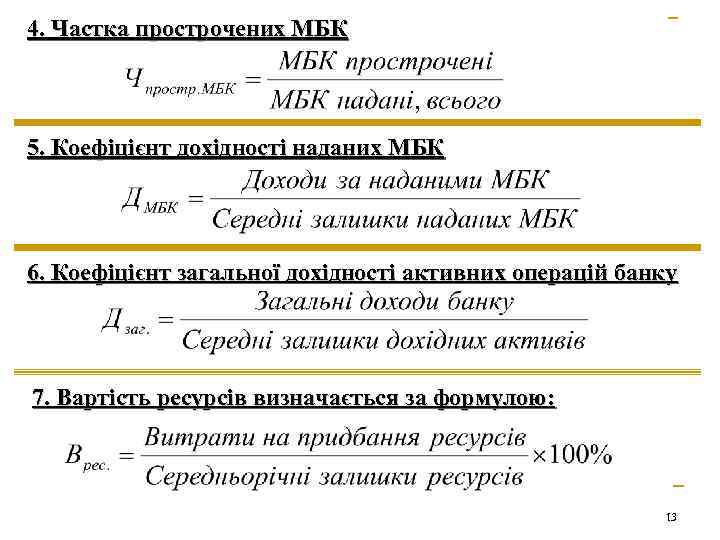 4. Частка прострочених МБК 5. Коефіцієнт дохідності наданих МБК 6. Коефіцієнт загальної дохідності активних
