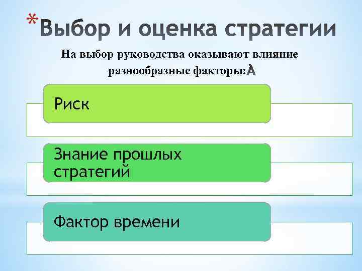 * На выбор руководства оказывают влияние разнообразные факторы: Риск Знание прошлых стратегий Фактор времени