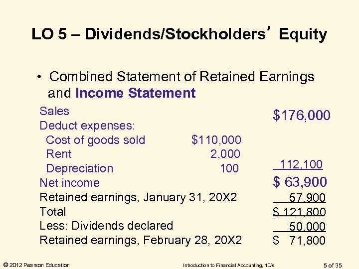 LO 5 – Dividends/Stockholders’ Equity • Combined Statement of Retained Earnings and Income Statement