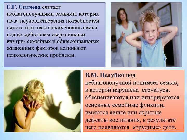 Е. Г. Силяева считает неблагополучными семьями, которых из-за неудовлетворения потребностей одного или нескольких членов