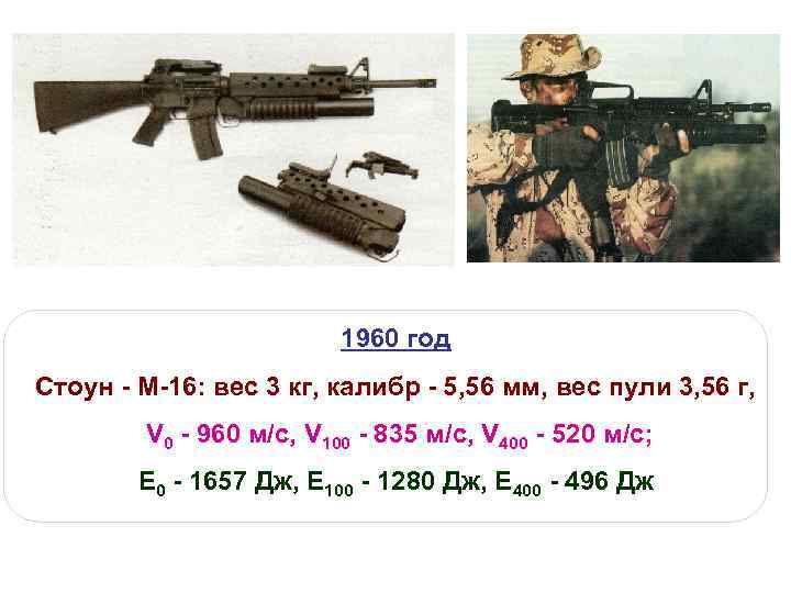 1960 год Стоун - М-16: вес 3 кг, калибр - 5, 56 мм, вес