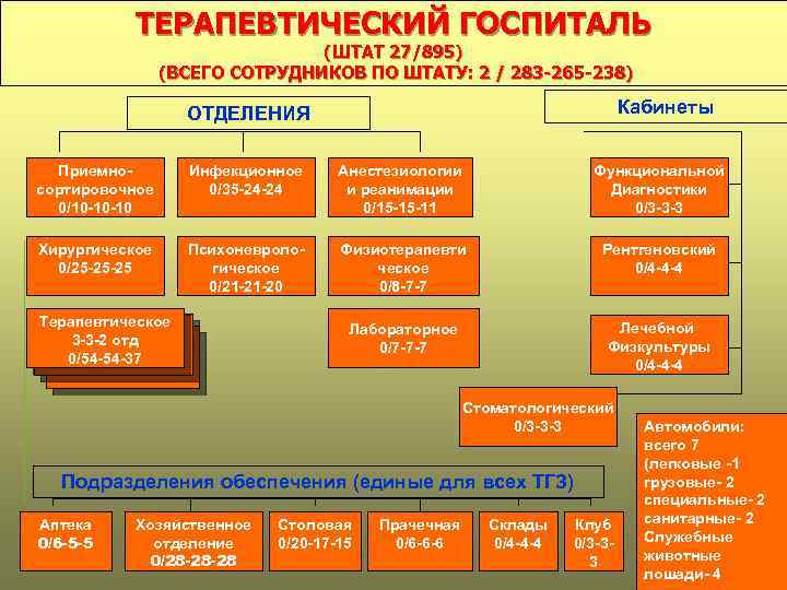 ТЕРАПЕВТИЧЕСКИЙ ГОСПИТАЛЬ (ШТАТ 27/895) (ВСЕГО СОТРУДНИКОВ ПО ШТАТУ: 2 / 283 -265 -238) Кабинеты