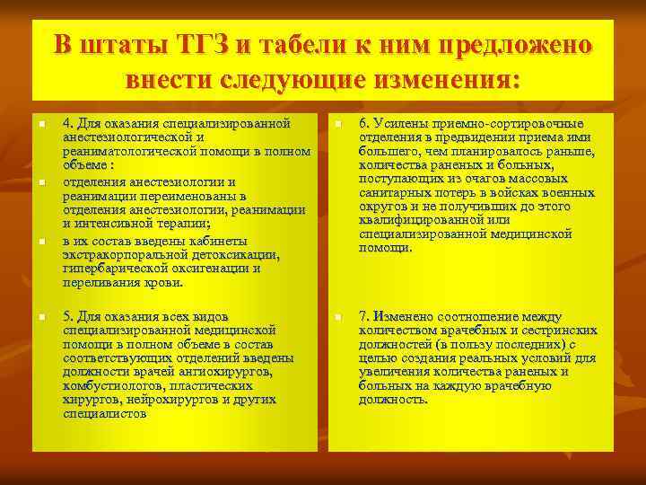 В штаты ТГЗ и табели к ним предложено внести следующие изменения: n n 4.