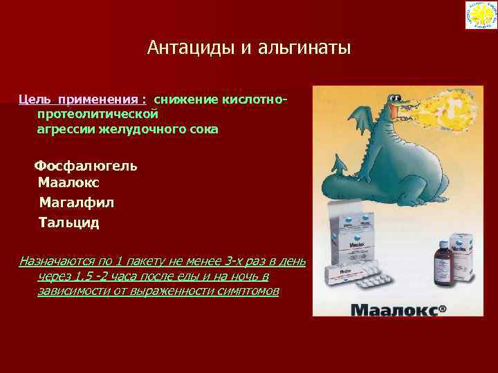 Антациды и альгинаты Цель применения : снижение кислотнопротеолитической агрессии желудочного сока Фосфалюгель Маалокс Магалфил