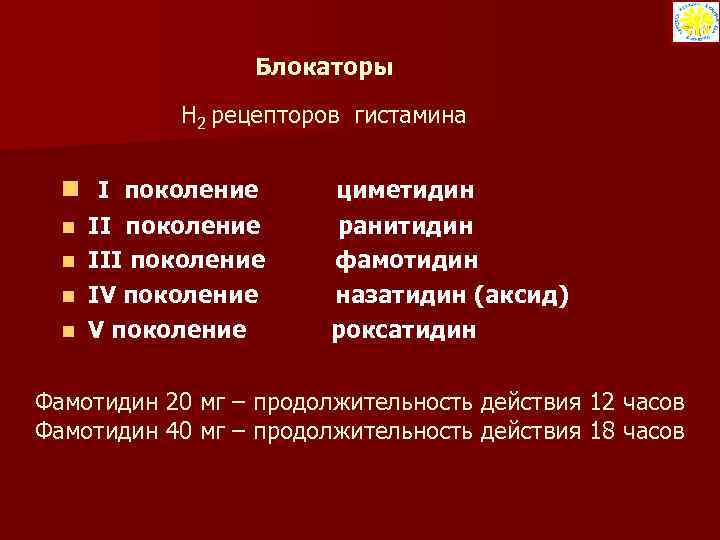 Блокаторы H 2 рецепторов гистамина n I поколение II поколение n IV поколение n